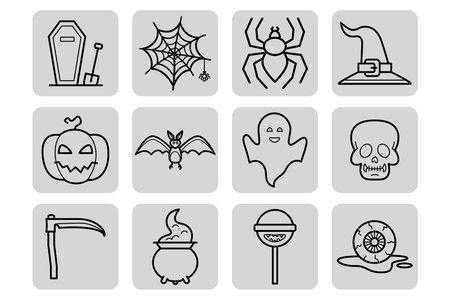 Collection of Halloween-themed icons featuring coffin, spider, pumpkin, ghost, and other spooky elements. Ideal for decorating and enhancing Halloween festivities and parties this seasonのイラスト素材