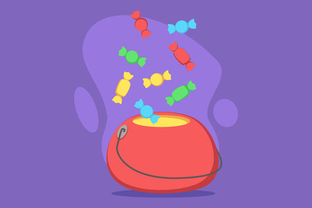Vibrant red bowl filled with assorted colorful candies as centerpiece of Halloween celebration, inviting guests to indulge in sweet treats during festive eveningのイラスト素材