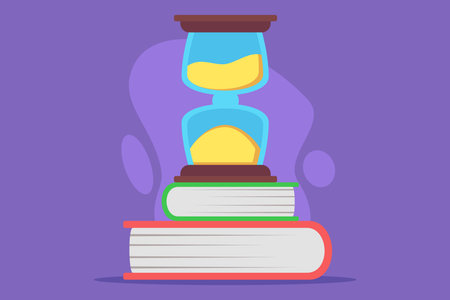 Vibrant hourglass atop pile of colorful books, set against purple background. Passage of time and knowledge conceptのイラスト素材