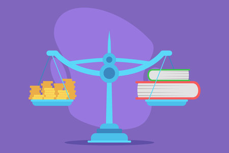 Scales weighing stacks of coins against books. Concept of contrast between financial success and value of education in modern contextのイラスト素材