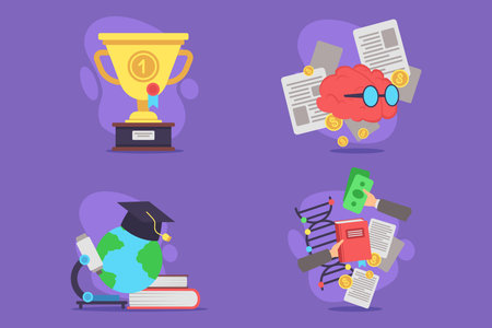 Collection of education and achievement symbols, including trophy, brain with glasses, globe on books, and hands holding money and booksのイラスト素材