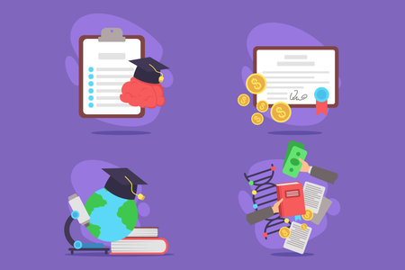 Set of various educational themes, including graduation caps, certificates, financial symbols, and books. Learning and academic success conceptのイラスト素材