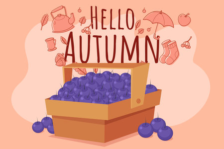 Wooden basket filled with fresh blueberries against warm autumn-themed background. Festive elements like leaves and seasonal items inviting change of seasonのイラスト素材