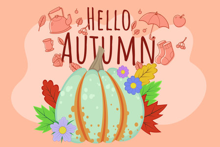 Cheerful design with large green pumpkin surrounded by vibrant leaves and flowers. Seasonal icons like umbrellas and boots highlighting arrival of fall, creating festive moodのイラスト素材