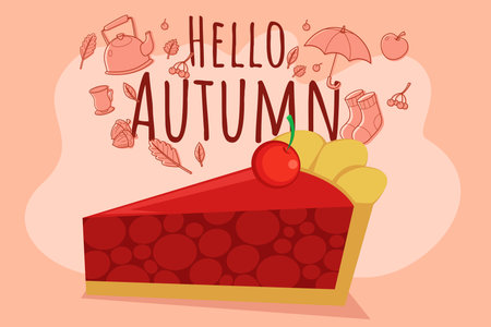 Slice of cherry pie with vibrant autumn theme. Various autumn elements surrounding pie, highlighting cozy season and inviting autumn activitiesのイラスト素材