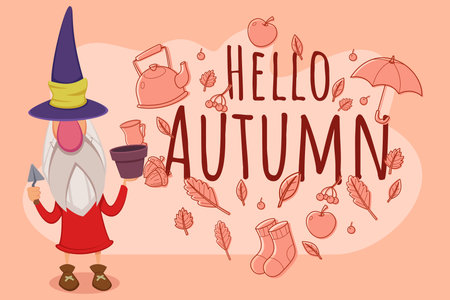 Whimsical gnome standing cheerfully against soft background, holding gardening pot and tool. Words Hello Autumn nearby with falling leaves and seasonal symbolsのイラスト素材