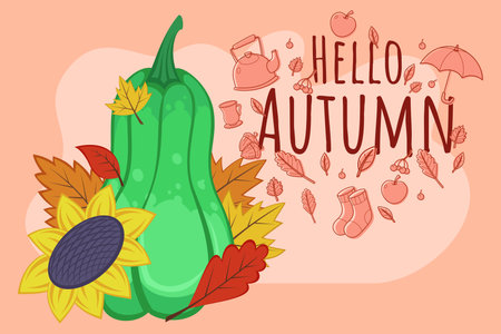Vibrant butternut squash, sunflowers, and colorful leaves inviting natures beauty. Joy of autumn conceptのイラスト素材