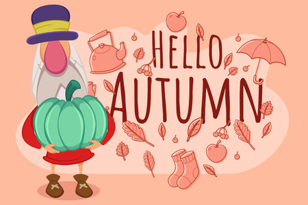 Cheerful gnome standing and holding large green pumpkin against warm autumn-themed background. Scene filled with leaves, apples, and cozy symbols of seasonのイラスト素材