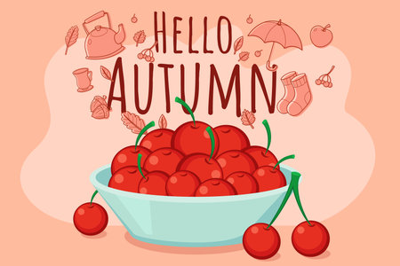 Vibrant bowl of red cherries against peach background. Autumn-themed illustrations like leaves and cozy items celebrating the seasonのイラスト素材