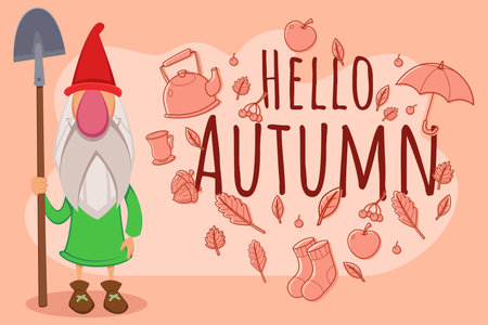 Cheerful gnome standing and holding shovel, greeting autumn season against background with fall leaves, teapot, and cozy items. Autumn conceptのイラスト素材