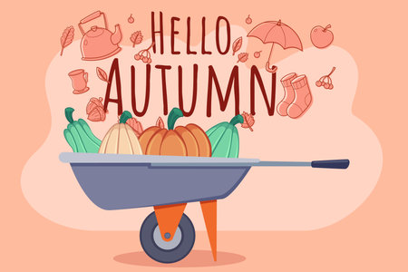 Wheelbarrow filled with colorful pumpkins and gourds against warm background. Seasonal harvest vibes conceptのイラスト素材