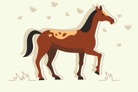 Brown horse with light-colored mane strolling through grassy area. Butterflies fluttering around horse, creating a peaceful outdoor scene during dayのイラスト素材