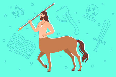 Centaur, part human and part horse, standing confidently with spear in hand. Symbols of adventure and fantasy swords likes and books in backgroundのイラスト素材