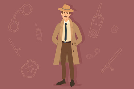 Confident detective standing in beige trench coat with mustache. Man surrounded by police tools like handcuffs, radio, and badge, representing his role in crime solvingのイラスト素材
