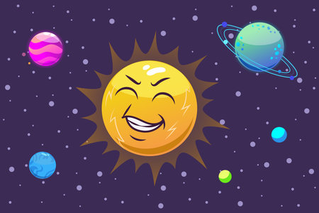 Smiling sun expressing joy in cosmos, surrounded by colorful planets and vibrant stars. Beauty and wonder of universe conceptのイラスト素材