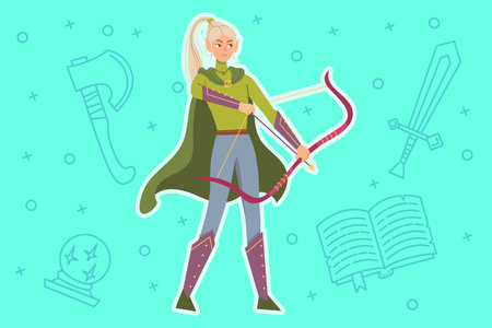 Skilled elf-like character standing ready with bow and arrow in hand. Woman with long hair wearing green outfit, prepared for adventurous quest in magical settingのイラスト素材
