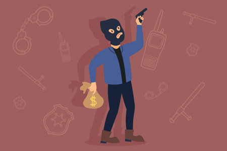 Robber in ski mask raising gun while holding bag filled with cash. Outlines of police equipment in backgroundのイラスト素材