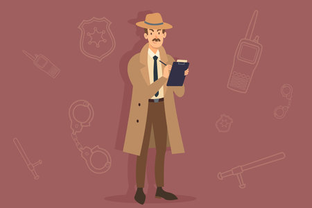 Detective standing in brown trench coat, writing notes on clipboard. Various police-related items in background, creating crime scene atmosphereのイラスト素材