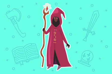 Strong green creature standing confidently with ax in hand. Swords and books in background.のイラスト素材