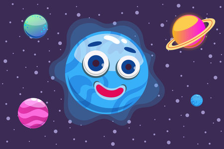 Cheerful blue planet with big eyes smiling in vastness of outer space. Colorful planets surrounding it, showcasing vibrant cosmic scene filled with wonder and joyのイラスト素材