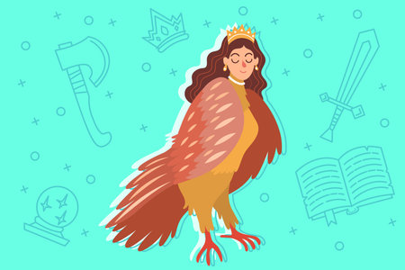 Whimsical creature standing proudly with crown on its head and colorful feathers. Happy and confident character against bright background filled with various magical symbolsのイラスト素材
