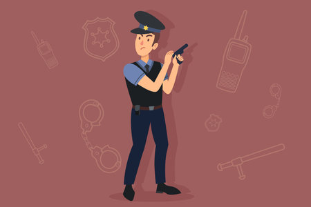 Police officer standing in confident stance, holding sidearm. Law enforcement symbols and tools in background. Safety and security conceptのイラスト素材