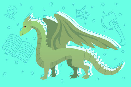 Friendly green dragon with large wings posing against bright turquoise background. Book, crown, ax, and globe surrounding itのイラスト素材