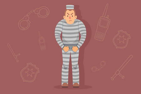 Cartoon character with angry expression wearing striped prison uniform. Police equipment like handcuffs and radios in backgroundのイラスト素材