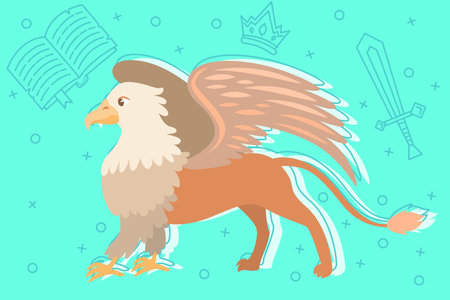 Griffin standing confidently on bright turquoise background decorated with symbols like sword, a crown, and open bookのイラスト素材