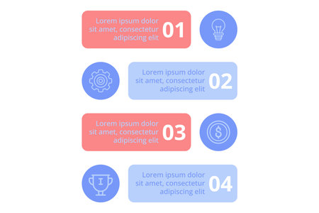 Infographic presenting key concepts through clearly labeled sections. Each section including number, symbol, and brief explanatory text about important topicsのイラスト素材