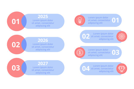 Infographic set highlighting various future trends from 2025 to 2027. Key themes and concepts presented through simple graphics and clear labels for easy understandingのイラスト素材