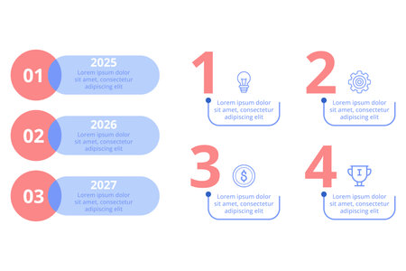 Infographic set providing overview of future plans spanning from 2025 to 2027. Each section highlighting key objectives, methods, and achievements for upcoming yearsのイラスト素材