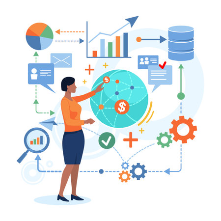 Woman standing in front of various charts and graphs. She pointing at globe with dollar signs and interacting with digital data. Lines connecting different elements in workspace setupのイラスト素材