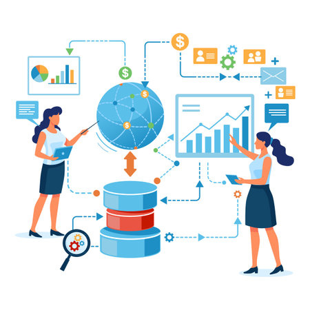 Two professionals working with data and charts on screens. People analyzing business information and sharing insights using graphs and digital tools. Data-driven decisions conceptのイラスト素材