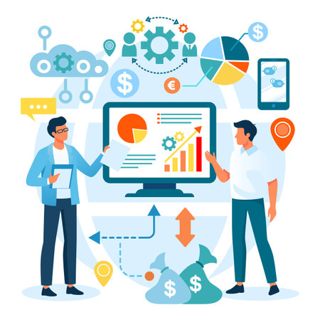 Two people discussing business trends while looking at screen. They show graphs and charts. Tools and icons surrounding them. Analytics and decision making conceptのイラスト素材