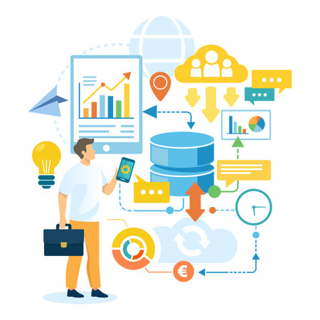 Man standing holding tablet while looking at various graphics and icons. Charts, clouds, and data symbols surrounding him. Data analysis and technology conceptのイラスト素材