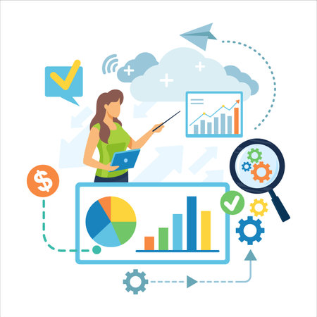 Woman standing with laptop and pointer. She showing data on screen with charts and graphs. Various symbols like checkmarks and gears surrounding her. Data analysis conceptのイラスト素材