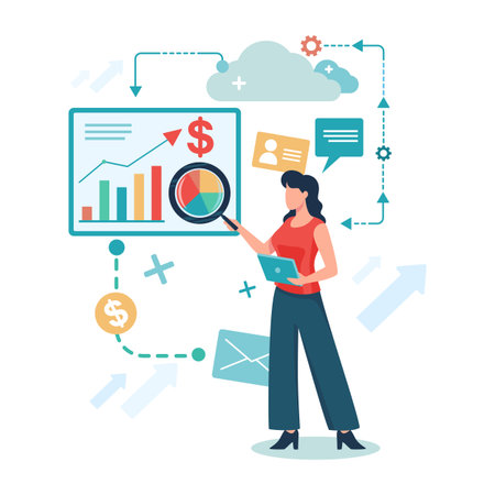 Woman standing in front of screen with charts and graphs. She holding tablet and pointing at pie chart while various icons surrounding her. Data analysis conceptのイラスト素材