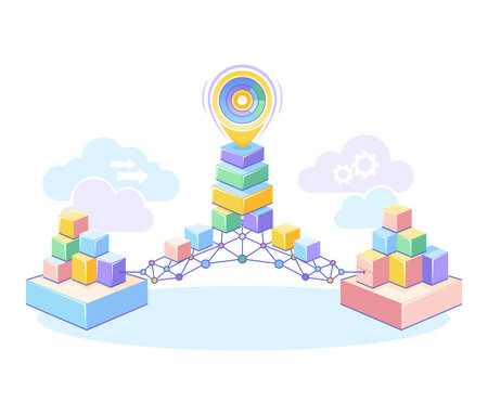 Blocks of different colors stacked in towers at center. Two groups of blocks sitting on bases at sides. Lines connecting towers. Clouds are in backgroundのイラスト素材