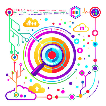 Magnifying glass at center of colorful digital graphics. Lines, circles, and cloud shapes representing data and technology. Investigation and analysis conceptのイラスト素材