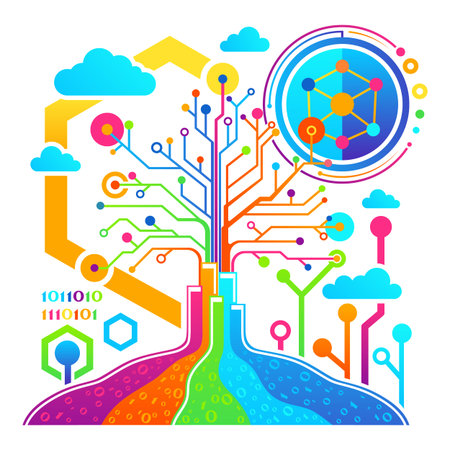 Tree design with colorful branches resembling circuits and data connections on background with clouds and shapes. Technology and nature conceptのイラスト素材