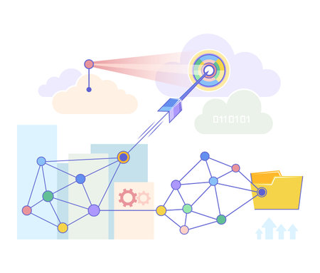 Network diagram showing data moving from source to destination through clouds and nodes. Colorful lines connecting various elements in structured layoutのイラスト素材