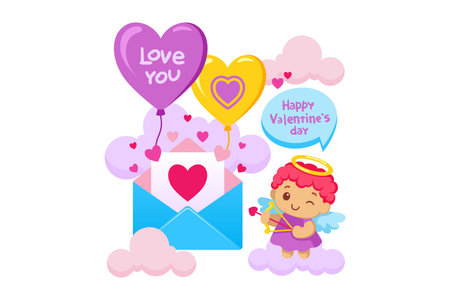 Cute cupid holding bow and arrow with balloons and card. Card showing heart symbol. Festive celebration of Valentine Day with bright colors and joyous elementsのイラスト素材
