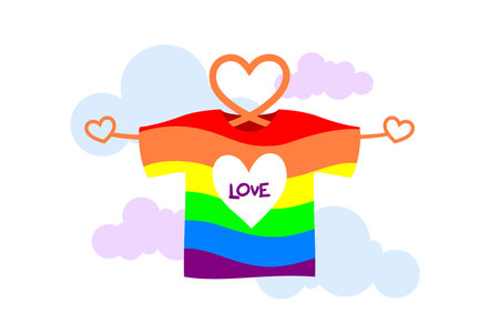 Colorful t-shirt displaying word love in center. Shirt with bright rainbow stripes. Hearts placed at top and on t sides. Love and acceptance conceptのイラスト素材