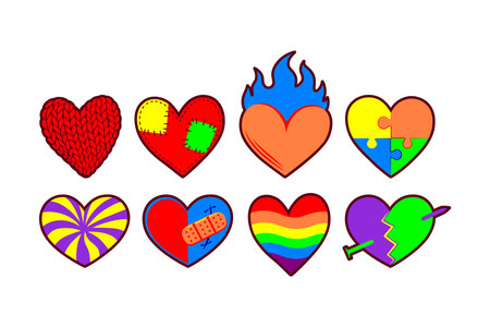 Variety of heart designs for Valentines Day. Each heart of unique style and color representing different emotions and themes of loveのイラスト素材