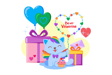 Cat sitting with colorful balloons and gifts, holding heart-shaped balloon saying Be my Valentine. Cupcake and envelope nearby creating festive scene for Valentine Dayのイラスト素材