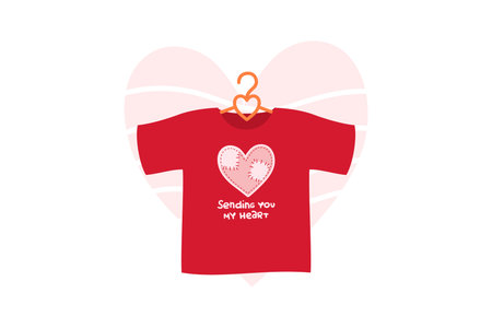 Red shirt hanging on hook. Shirt showing two hearts and message saying Sending you my heart. Valentines Day theme with love-focused imageryのイラスト素材
