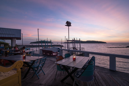 Restaurant by the seaside overlooking sunsetのeditorial素材