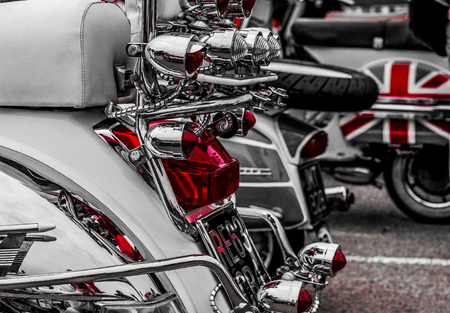 Rear view of scooters parked with isolated colourのeditorial素材