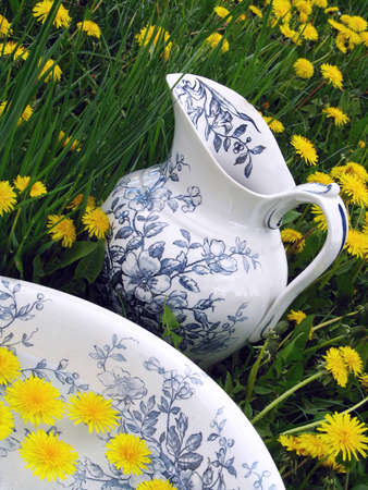 Classic wash basin and jug in meadowの写真素材